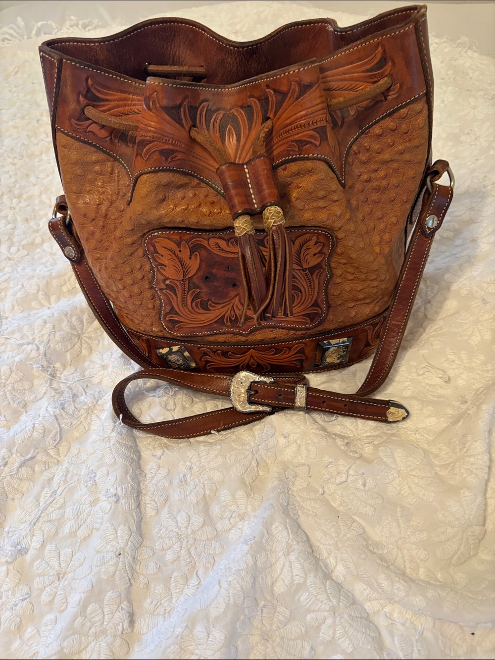Handcrafted Tooled Brown Leather Bucket Bag with Tassel